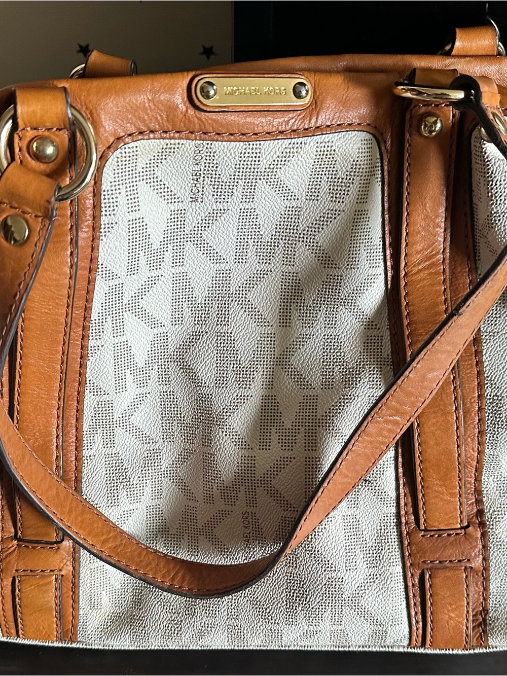 Michael Kors Cream and Tan Logo Tote with Gold Hardware